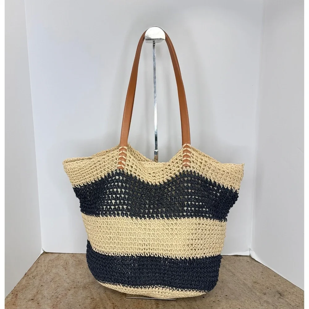 Forever 21 Straw Tote Bag Womens Navy Cream Striped Woven Beach Summer Coastal